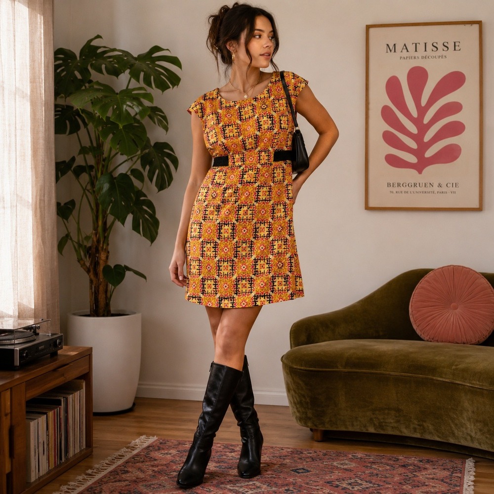 Phoebe‎ Couture Mod Silk Shift Dress Sz 12 Yellow Pink Geometric Boho Twee Indie
